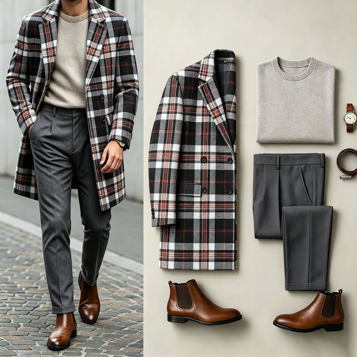 Men's Plaid Three-Piece Set: Mid-Length Wool Coat, Crew-Neck Sweater, and Flowy Dress Pants