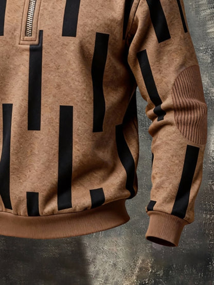 Men's Retro Color Block Print Color-Blocked Zip-Up Sweatshirt