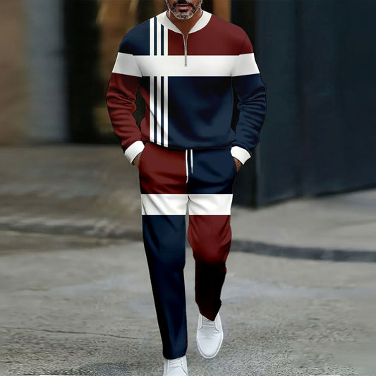 Men's Casual Color Matching Printed Round-Neck Zipper Long Sleeved Trousers Two-Piece Set
