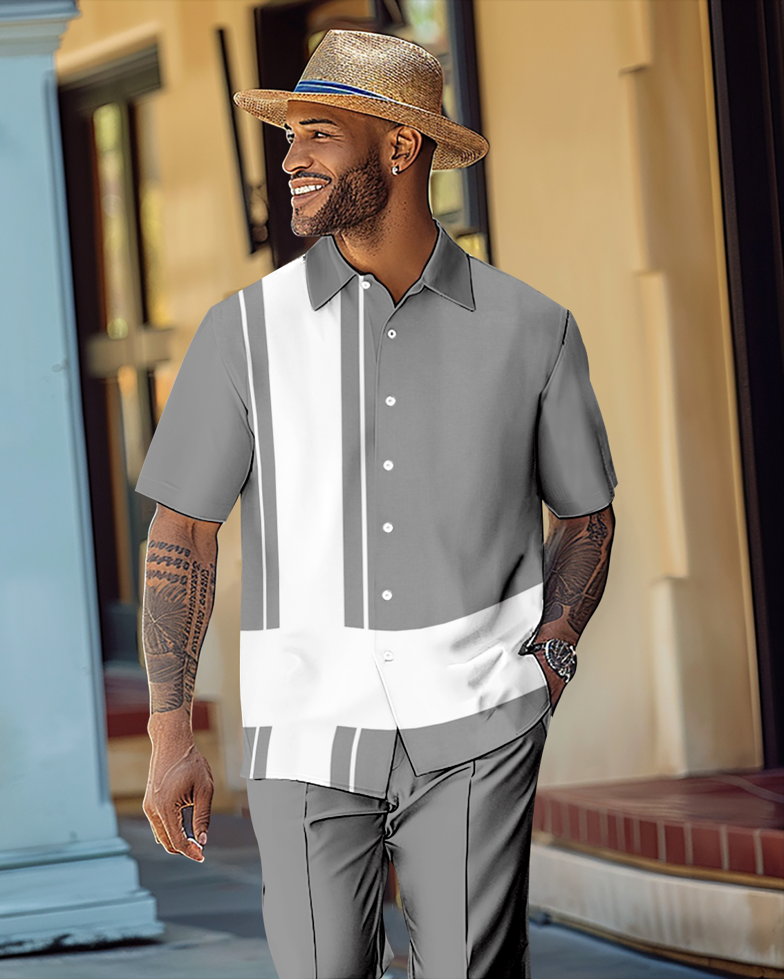 Men's Gorgeous Color Block Short Sleeve Shirt Walking Suit 1076