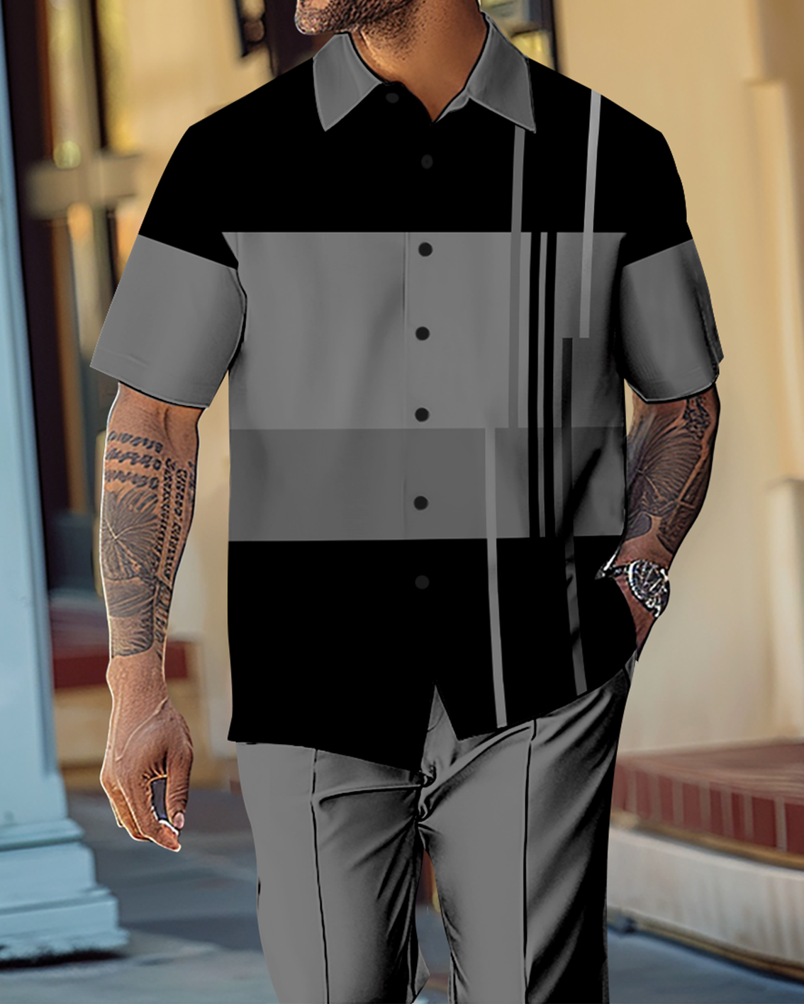 Men's Gradient Color Block Short Sleeve Shirt Walking Suit 1143