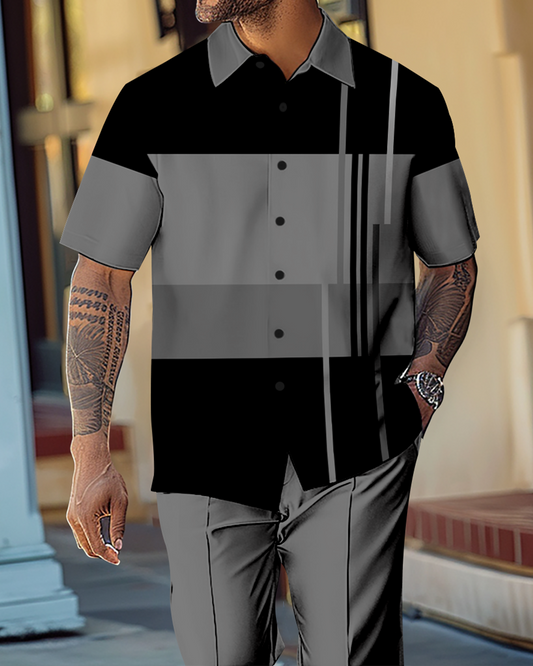 Men's Gradient Color Block Short Sleeve Shirt Walking Suit 1143