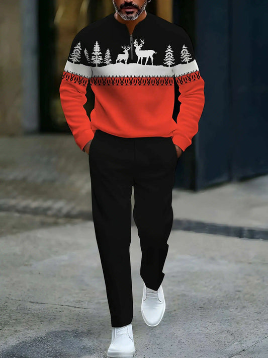 Men's Casual Black & Red Color Matching Elk Christmas Printed Round-Neck Zipper Long Sleeved Sweatshirt & Trousers Two-Piece Set