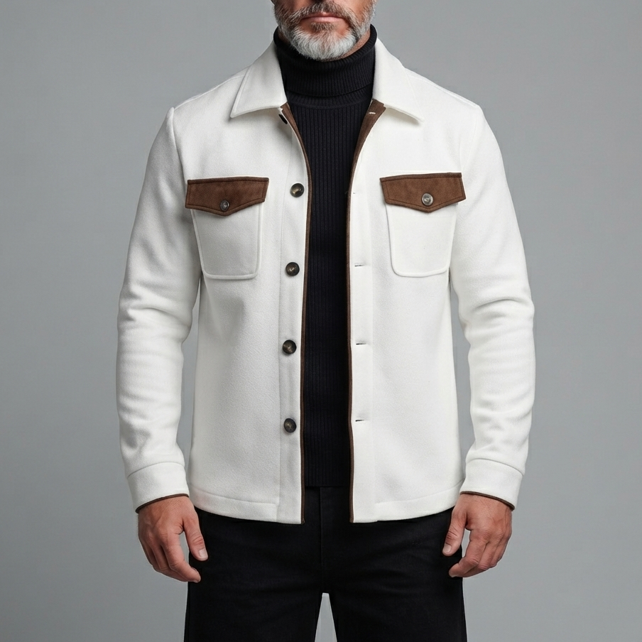 Men's White Contrast Flap Pockets Turndown Collar Single Breasted Slim Jacket