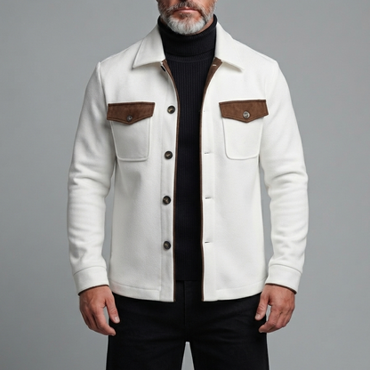 Men's White Contrast Flap Pockets Turndown Collar Single Breasted Slim Jacket