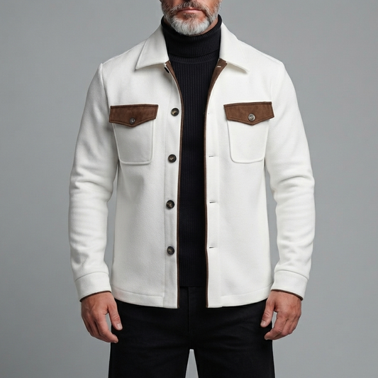 Men's White Contrast Flap Pockets Turndown Collar Single Breasted Slim Jacket