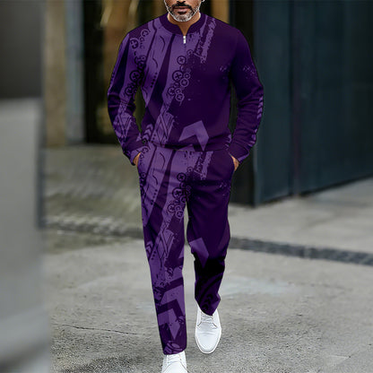 Men's Casual Color Matching Printed Round-Neck Zipper Long Sleeved Trousers Two-Piece Set