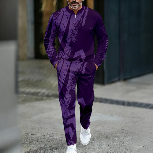 Men's Casual Color Matching Printed Round-Neck Zipper Long Sleeved Trousers Two-Piece Set