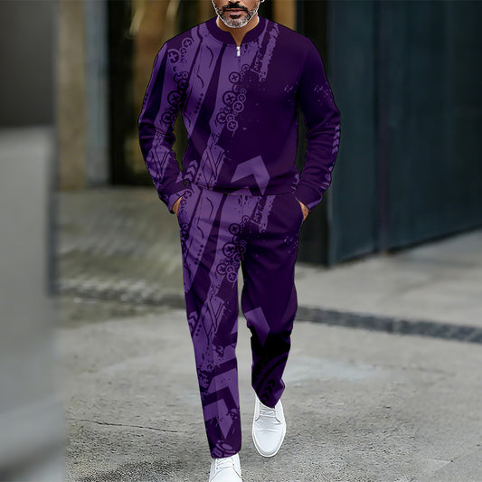 Men's Casual Color Matching Printed Round-Neck Zipper Long Sleeved Trousers Two-Piece Set