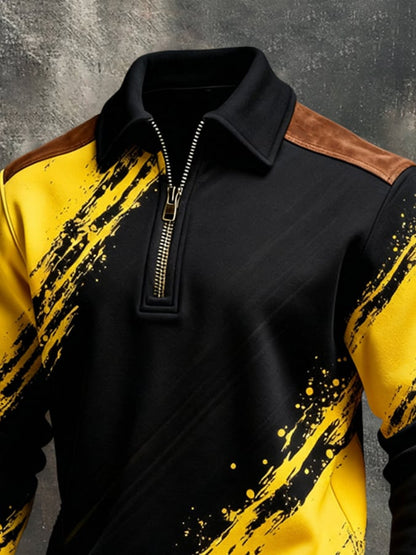 Men's Retro Color Block Print Color-Blocked Zip-Up Sweatshirt