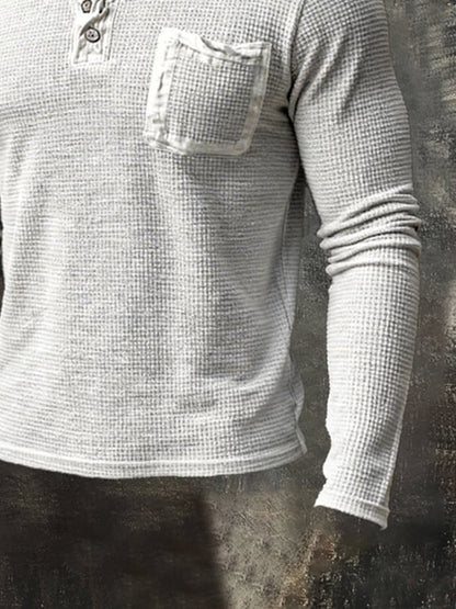 Men's Retro Distressed Waffle Casual Henley Collar Long-Sleeve Top