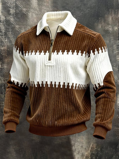 Men'S Vintage-Style Textured Patchwork Color-Block Long-Sleeved Sweatshirt