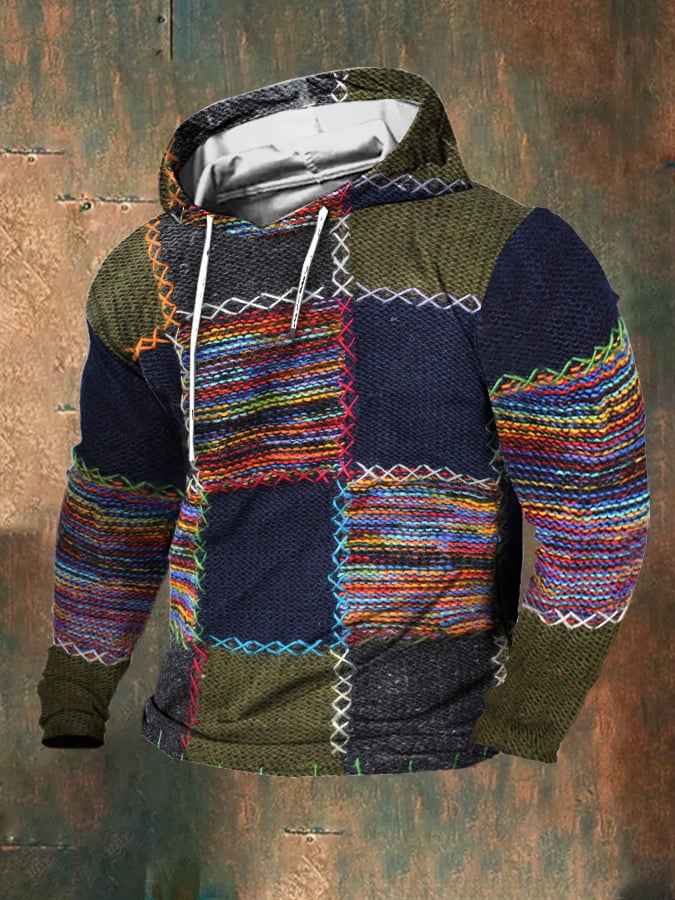 Men's Vintage Wool Contrast Print Hooded Sweatshirt