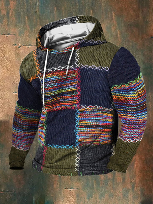 Men's Vintage Wool Contrast Print Hooded Sweatshirt