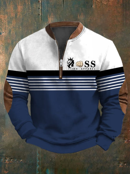 Men's Retro Letter Design Printed Casual Zipper Collar Long-Sleeved Sweatshirt