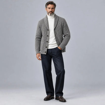 Men's Gray Geometric Textured Knit Shawl Lapel Single-Breasted Cardigan