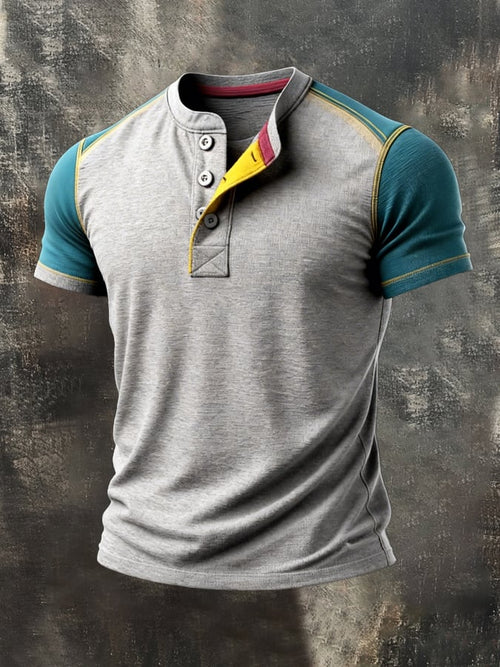 Men's Retro Patchwork Color Block Henley Collar Short-Sleeve Top