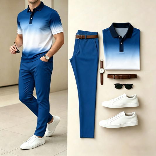 Men's Casual Blue & White Printed Polo Shirt And Pants Two-Piece Set