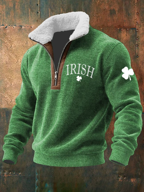 Men's St. Patrick's Day Printed Knitted Fabric Zipper Fur Collar Sweatshirt
