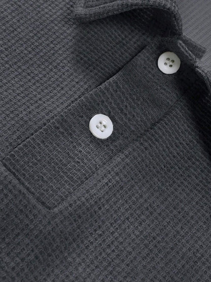 Men's Waffle Casual Solid Color Half Button Polo Shirt