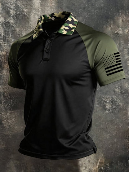 Men's Retro Patriot Color Block Polo Collar Short Sleeve