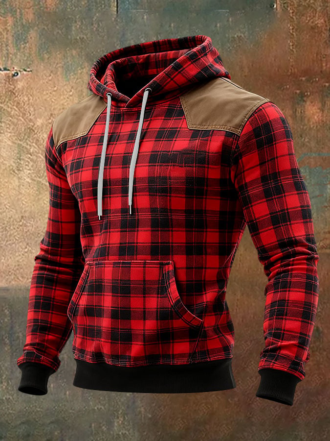 Men's Casual Retro Plaid Print Long Sleeve Hooded Sweatshirt