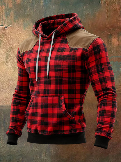 Men's Casual Retro Plaid Print Long Sleeve Hooded Sweatshirt