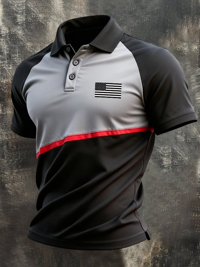 Men's Retro Patriotic Color-Block Short-Sleeve Polo Shirt
