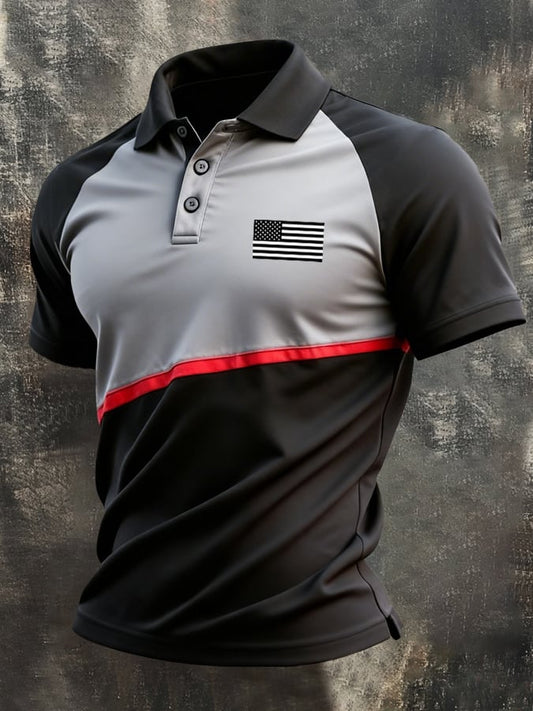 Men's Retro Patriotic Color-Block Short-Sleeve Polo Shirt