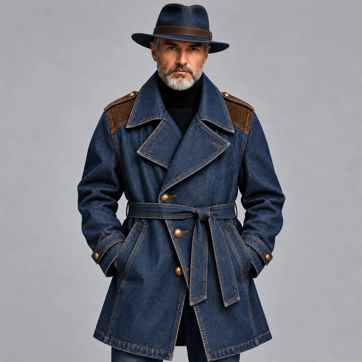 Men's Dark Blue Corduroy Patchwork Lapel Collar Single Breasted Belted Denim Trench Coat