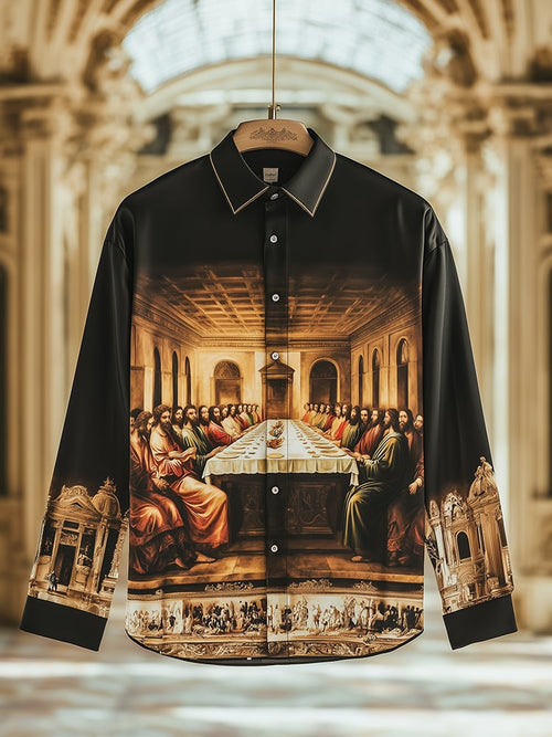 Men's Satin Luxe The Last Supper Baroque Long Sleeve Button Down Shirt