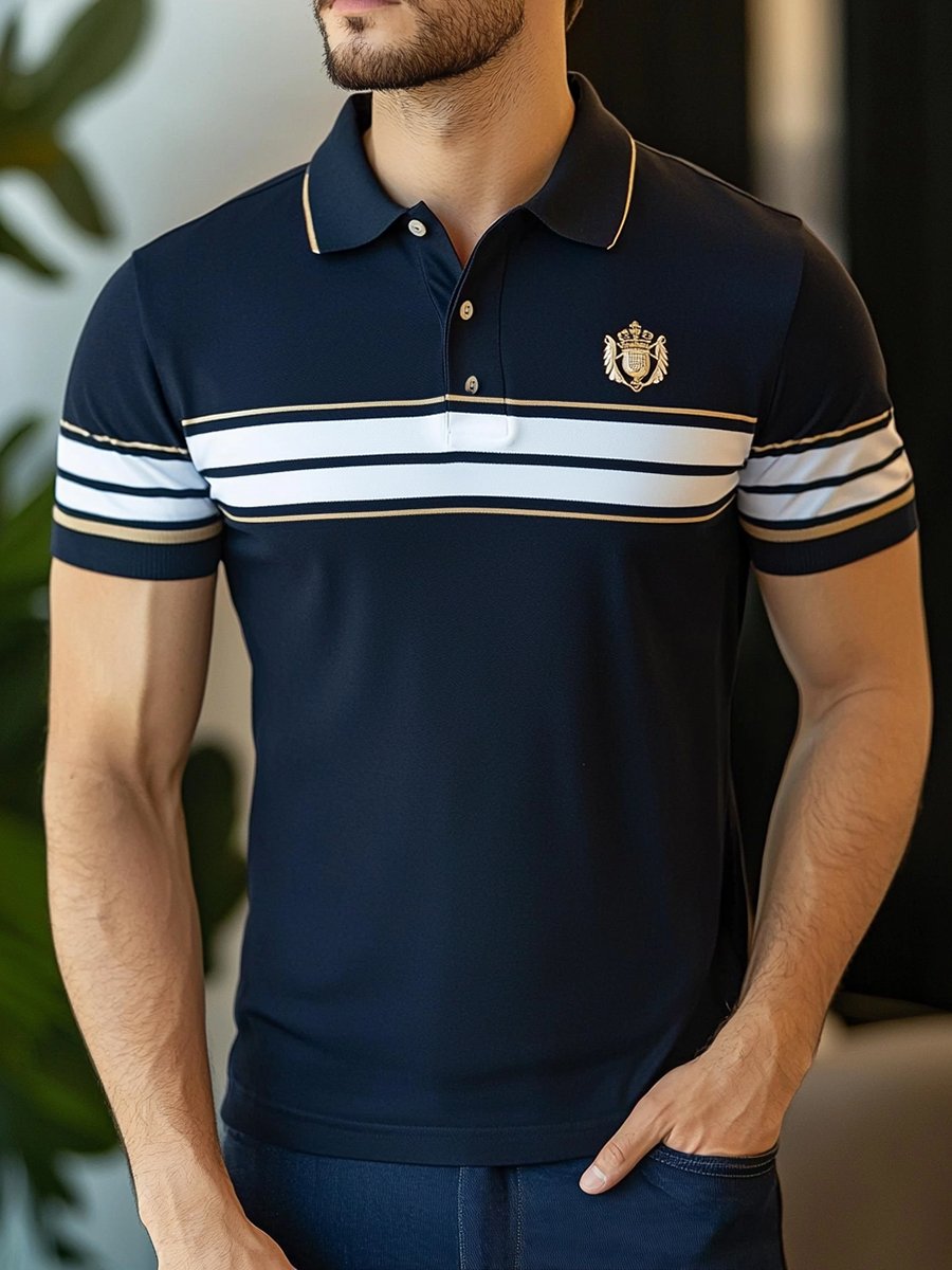 Men's Business Stripe Logo Button-Down Short Sleeve Polo Shirt