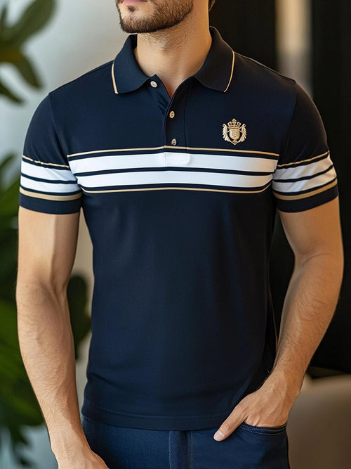 Men's Business Stripe Logo Button-Down Short Sleeve Polo Shirt