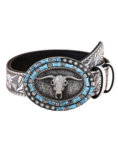 Retro Western Style Cow Head Beaded Embossed Decorative Belt