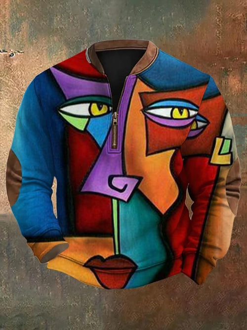Men's Fashion Casual Art Geometric Print Zipper Neck Sweatshirt