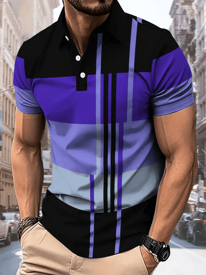 Men's Business Stripe Lettering Button-Down Polo Shirt