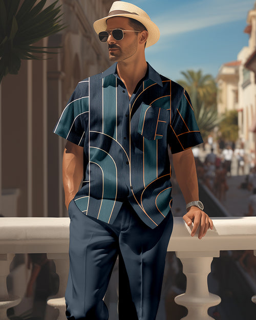Men's retro colorblock short-sleeved shirt walking Suit 1652