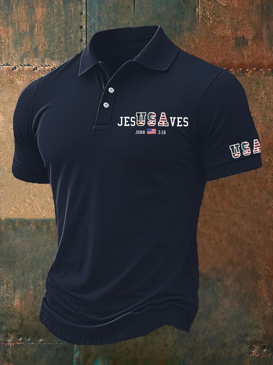 Men's Vintage USA Jesus Saves  Printed Polo Shirt