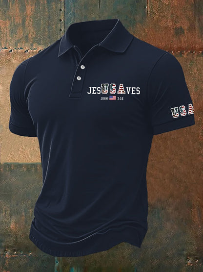 Men's Vintage USA Jesus Saves  Printed Polo Shirt