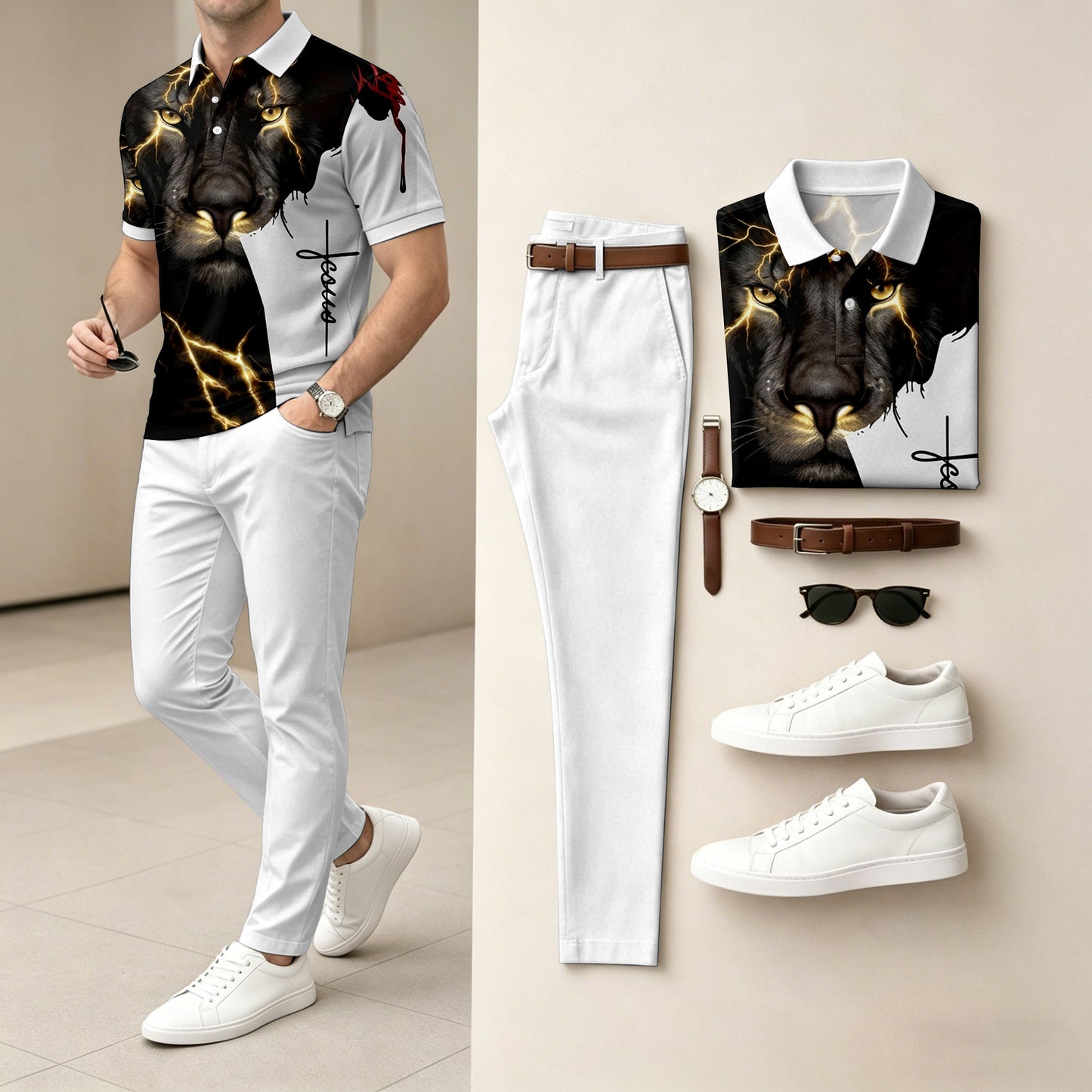 Men's White Short-Sleeve Polo Shirt and Long Pants Two-Piece Set