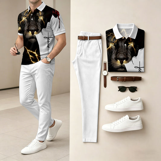 Men's White Short-Sleeve Polo Shirt and Long Pants Two-Piece Set