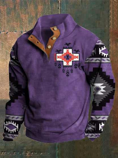 Men's Western Style Printed Stand Collar Button Sweatshirt
