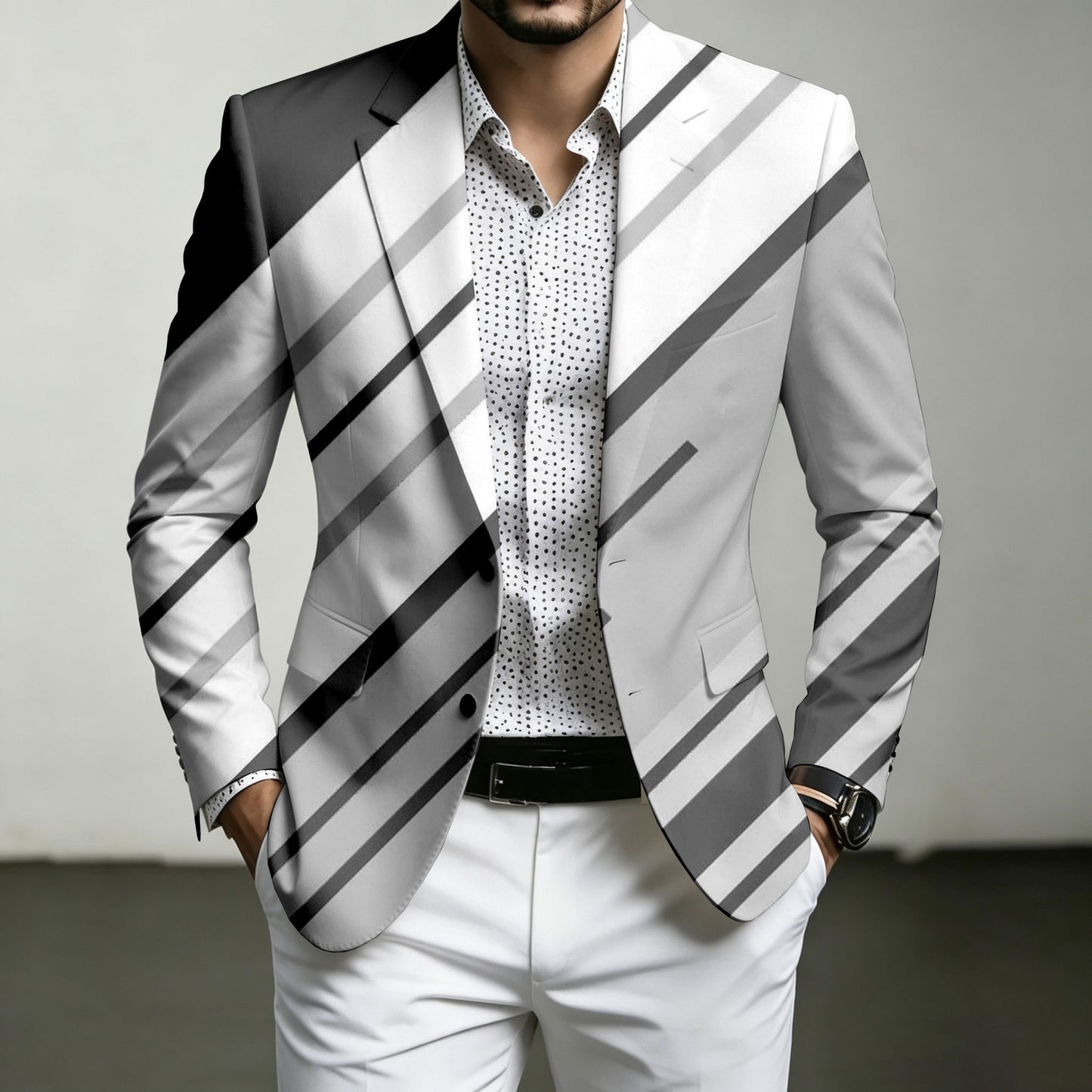 Men's Gray Diagonal-Striped Print Blazer