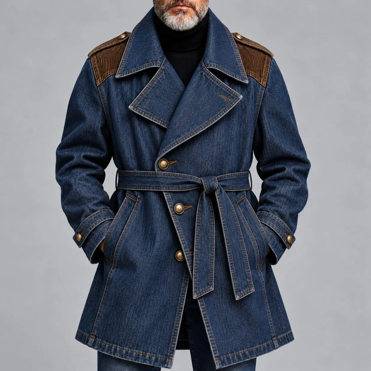 Men's Dark Blue Corduroy Patchwork Lapel Collar Single Breasted Belted Denim Trench Coat