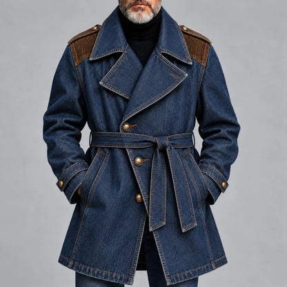 Men's Dark Blue Corduroy Patchwork Lapel Collar Single Breasted Belted Denim Trench Coat