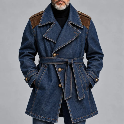 Men's Dark Blue Corduroy Patchwork Lapel Collar Single Breasted Belted Denim Trench Coat