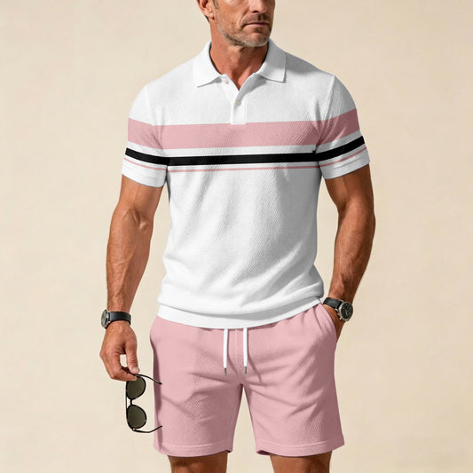 Men's Casual Blue & Pink Geometry Color Matching Printed Short Sleeved Zipper Polo Shirt & Shorts Two-Piece Set