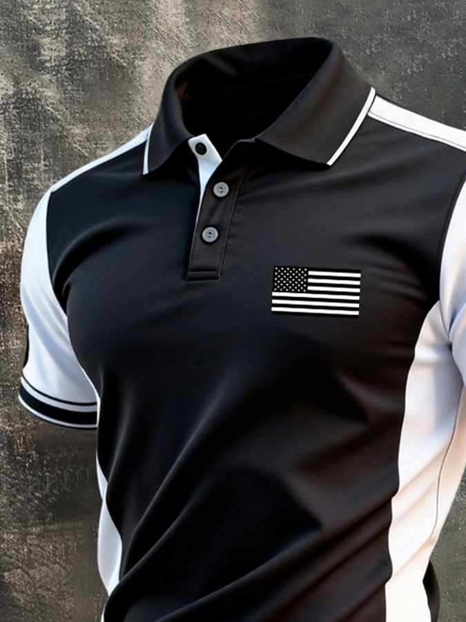 Men's Retro Patriotic Color-Block Short-Sleeve Polo Shirt