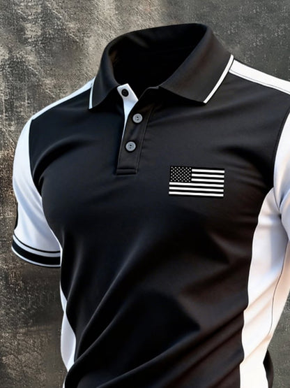 Men's Retro Patriotic Color-Block Short-Sleeve Polo Shirt