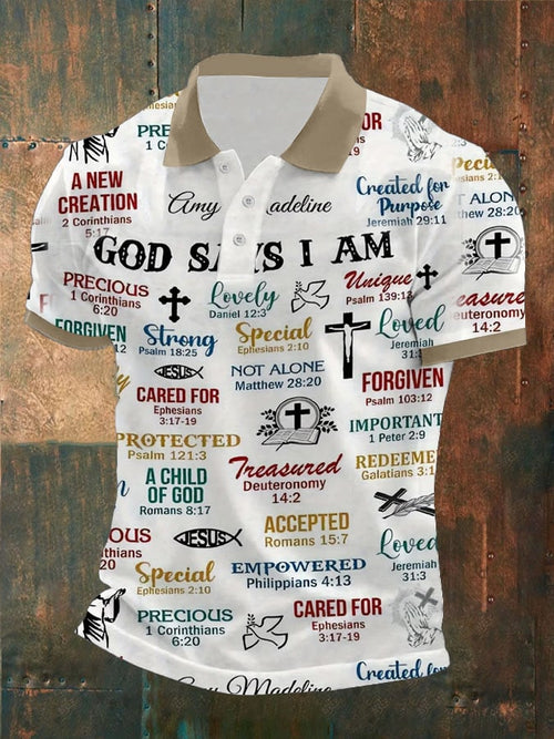 Men's Retro Faith “God Says I Am�?Casual Printed Polo Shirt
